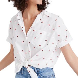 🍓embroidered short-sleeve tie-front shirt